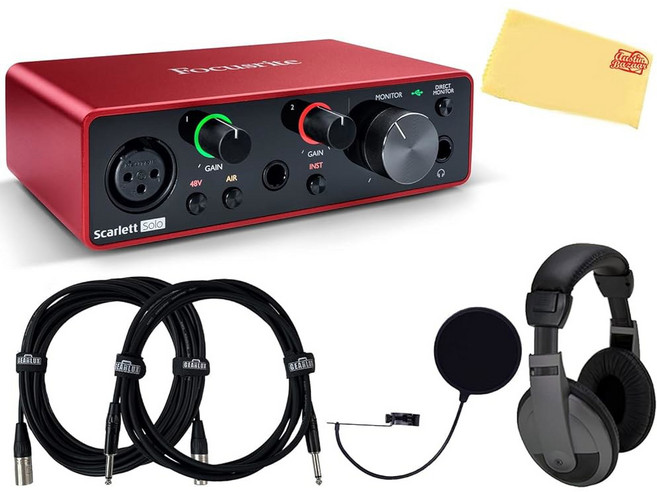 컴퓨터 녹음 장비 스튜디오 홈레코딩 인터페이스 포커스라이트 스칼렛 2i2 3세대 2-in 2-out USB 오디오 번들 XLR 케이블 및 오스틴 바자 연마 천 포함, Solo 3rd Gen, Bundle w/ Headphones, 1개