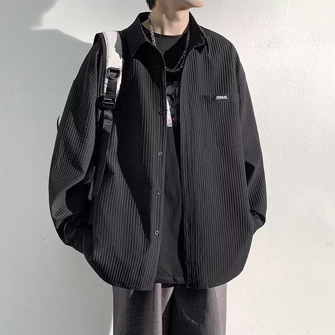 지디오 로무M 남성 긴팔 셔츠 줄무늬 패턴 엠보 남방 포켓 A라인 셔츠자켓 시티보이 남자긴팔셔츠