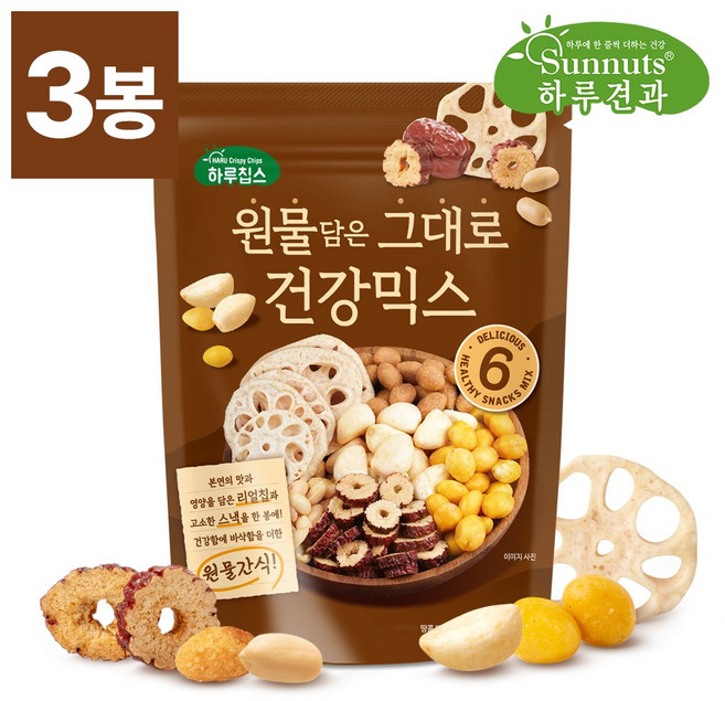 [하루견과] 원물담은 그대로 건강믹스 200gX3봉 /대추슬라이스칩/튀김땅콩/꿀땅콩/은행칩/통마늘칩 (소비기한 26/08/11), 3개, 200g