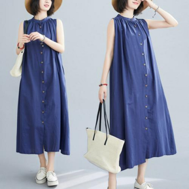 ZENCY 젠시 시도 셔링 나시 셔츠 원피스 여성 민소매원피스 차이나넥 롱원피스