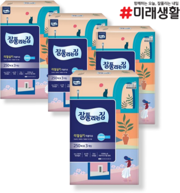 잘풀리는집 리얼실키 미용티슈 각티슈 250매 3입 4팩(12개), 12개, 250개입