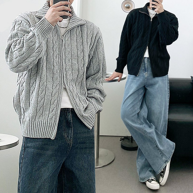 레벗 비스코스 투웨이 꽈베기 니트 집업 자켓