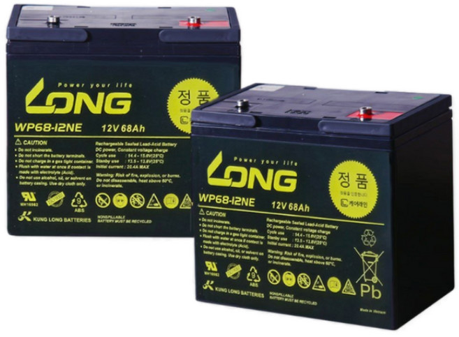 케어라인 LONG 배터리 12V 68Ah 나드리 나래 전동휠체어 전동스쿠터 노인전동차 딥사이클 (2개 1세트), 1세트, WP68-12NE (2개)