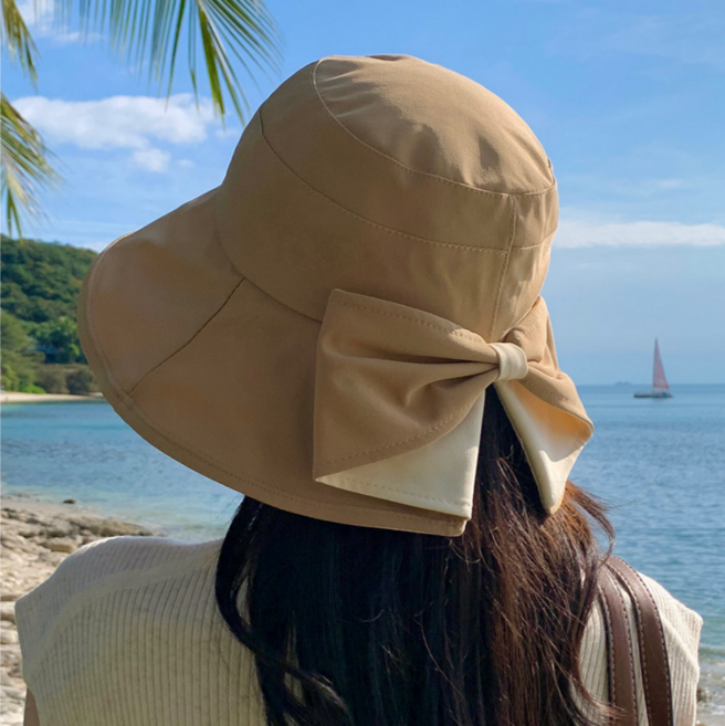 해피쇼핑 여성 자외선차단모자 챙넓은 휴양지 모자 햇빛가리개 물놀이 바캉스 리본 버킷햇