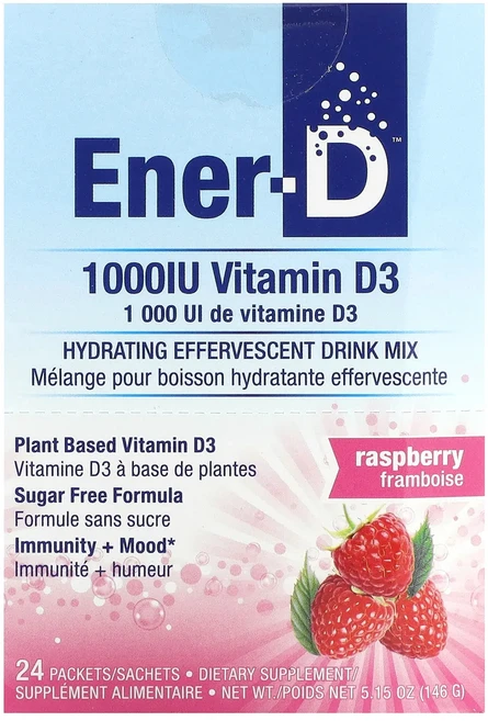 Ener-C Ener-D 비타민D3 수분 공급 발포정 드링크 믹스 무설탕 라즈베리 1000mg 24팩 - 쿠팡