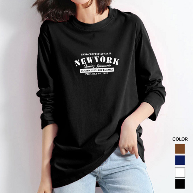 스타일아유 여성용 레터링 긴팔 티 라운드 프린트 newyork 로고 오버핏 긴팔 티셔츠[AYG8TS0243]