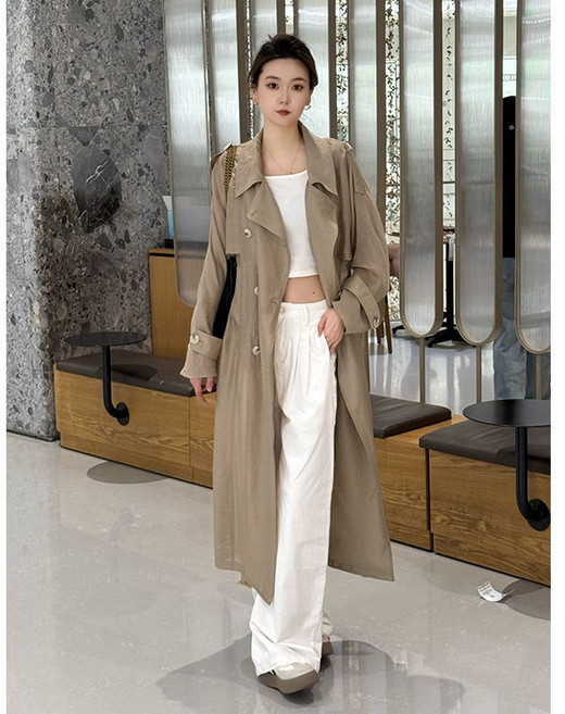 슬림소녀 여성 롱 코트 트렌치 코트 여름용 중간길이 캐주얼