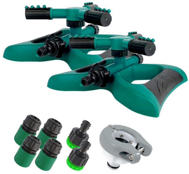 잔디 자동 360도 회전 분사기 스프링클러 2개 + 원터치 커넥터 4개 + 암나사 연결구 2개 + 수도 급수 캡 1개, 1세트, 그린
