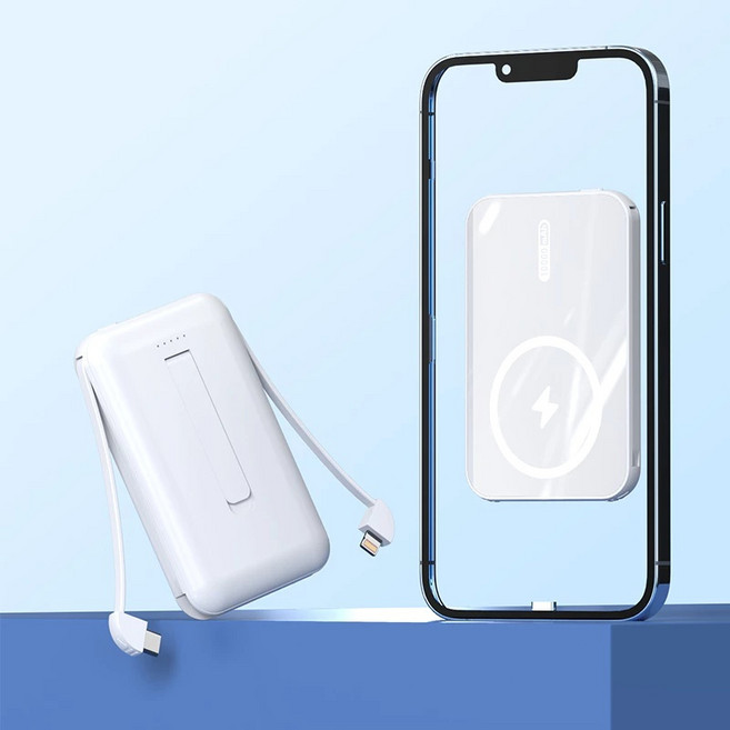 20000mAh 超薄磁吸行動電源 自帶線 手機支架 隨身充電寶, 柔霧白-10000mAh