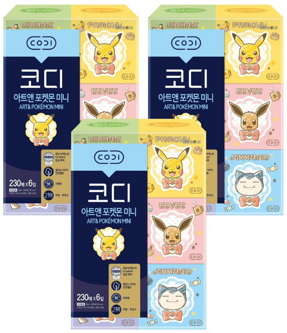 코디 아트앤 포켓몬 미니 천연펄프 각티슈 2겹 랜덤발송, 230매, 18개