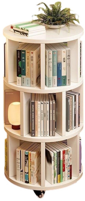 360度旋轉書架 落地式可移動書櫃, 暖白三層款 簡單收納, 1層