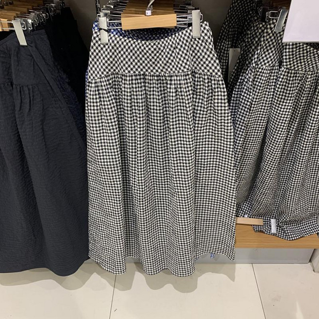 YYCL 女裝 泡泡紗長裙 A字裙, 黑色 格子