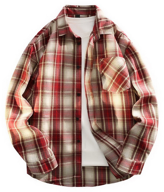 LARGE STORE 韓版法藍絨磨毛格紋長袖襯衫 男生襯衫 格子襯衫 男生上衣 休閒襯衫 有大尺寸