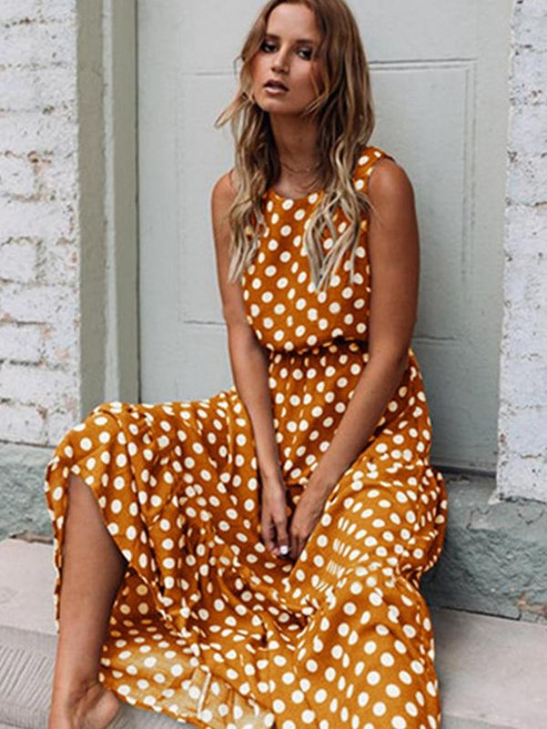 빅사이즈원피스 여성용 민소매 폴카 도트 프린트 미디 드레스 캐주얼 패션 A 라인 보호 우아한 비치 롱 여름