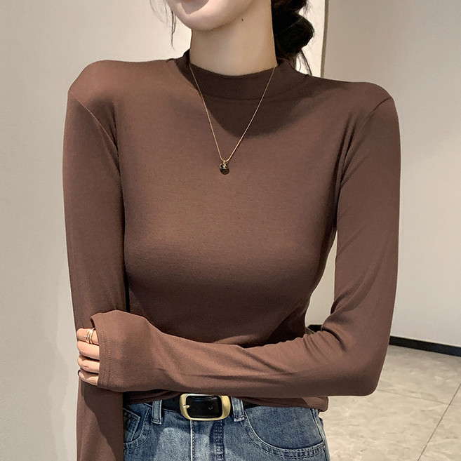女裝長袖T恤 半高領修身顯瘦打底衫