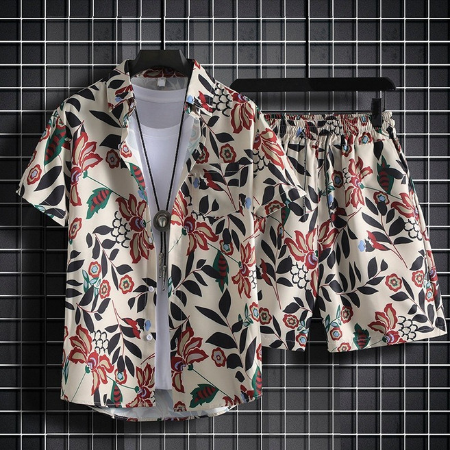 花襯衫套裝 襯衫沙灘褲兩件套, A218紅色,2XL
