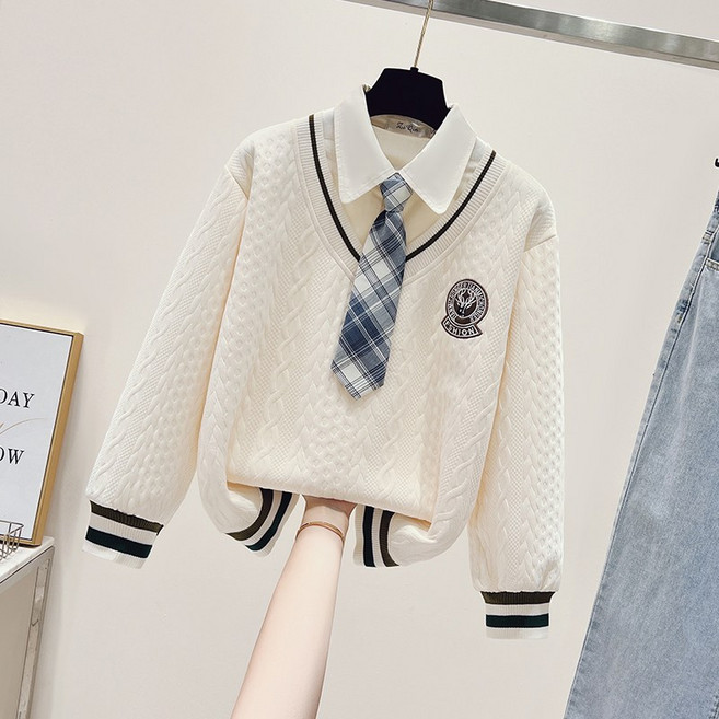 해피유통 여아 니트 스웨터 아동용 가을 셔츠 카라 디자인 타이 포함 학생복