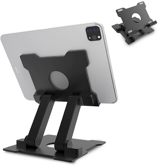 KABCON 고품질 태블릿 스탠드 마이크로소프트 서피스 시리즈 태블릿 아이패드 시리즈 삼성 갤럭시 탭 아마존 킨들 파이어 등을 위한 눈 높이 조절 가능 접이식 알루미늄, 라지-블랙, 라지-블랙, 1개