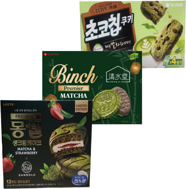 몽쉘 말차&딸기맛 + 초코칩쿠키 제주말차라떼맛 + 빈츠말차 세트, 1세트, 892g