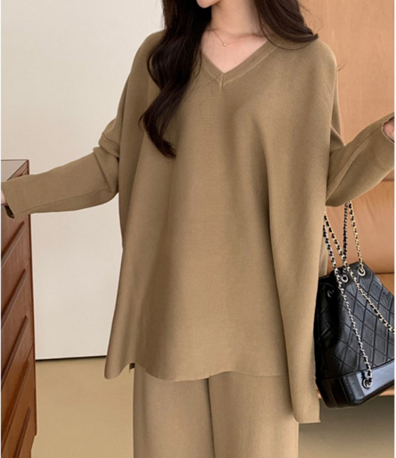 여성용 빅사이즈 오버핏 롱기장 상하의세트 니트 긴팔 데일리룩 루즈핏 브이넥니트세트