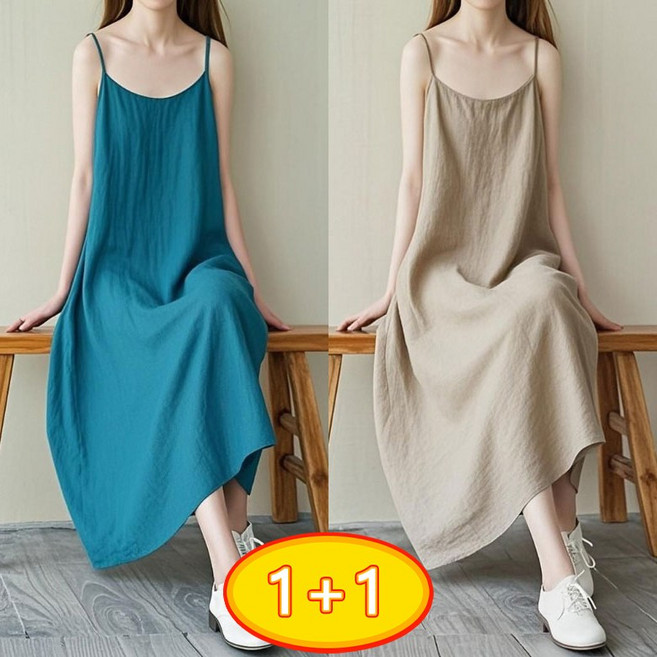 POMTOR 1+1 여성 여름 루즈핏 솔리드 A라인 나시 민소매 롱 원피스