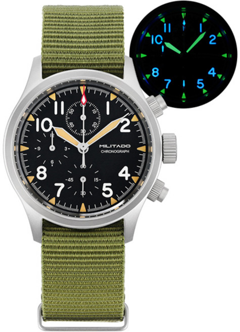 호환 Militado ML1868KF 쿼츠 시계 남자 VK67 39mm 크로노 그래프 시계 빛나는 사파이어 100m 방수 군용 손목, [08] Green No Date