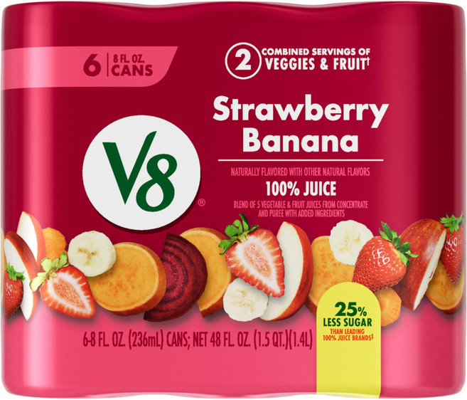 V8 Strawberry Banana 100% Fruit and Vegetable Juice 8 fl oz Can (6 Pack), 딸기바나나, 237ml