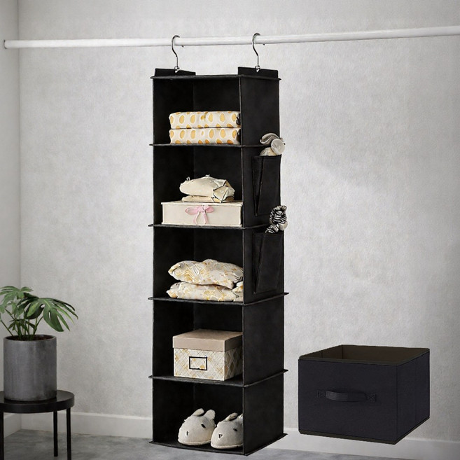 행잉 오거나이저 5단 옷장 정리 서랍형 수납함, 블랙, 1개
