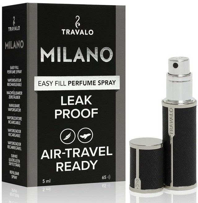 Travalo Milano 향수 분무기 - 항공 여행용 누출 방지 및 TSA 승인 재사용 가능 밀폐 쉽게 채울 수 있는 미니 펌프 스프레이 광택 금속 외부 쉘이 경량 비건, 블랙