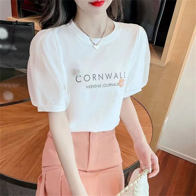 besteffie 베이직 여성 여름 반소매 티셔츠 퍼프소매 캐주얼 코튼 루즈핏 캐주얼 블라우스 하객룩 오피스룩 옷 K75