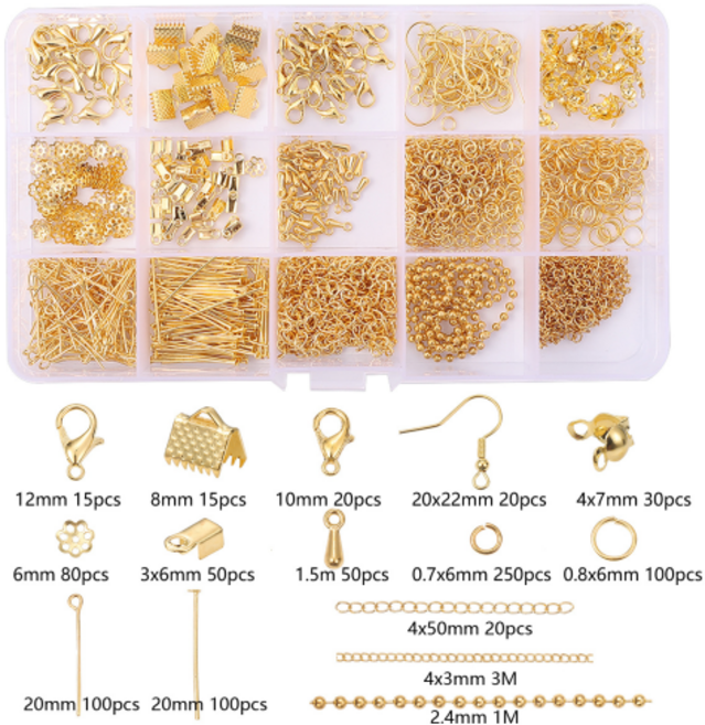 일월전빵 폭탄 창고정리 액세서리 DIY 부자재 10종 15종 풀세트 비즈 마스크 스트랩 목걸이 만들기 키링 BA-J024, 1개, 골드 15칸