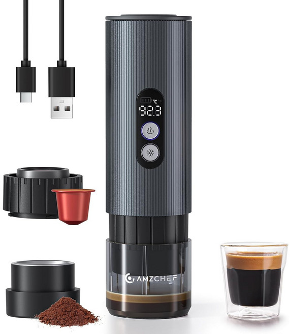 AMZCHEF 2 IN 1 무선 커피머신 가열 히팅 에스프레소 캡슐 9000mAh 캠핑용 사무실용 커피메이커, 블랙, GC-CP024