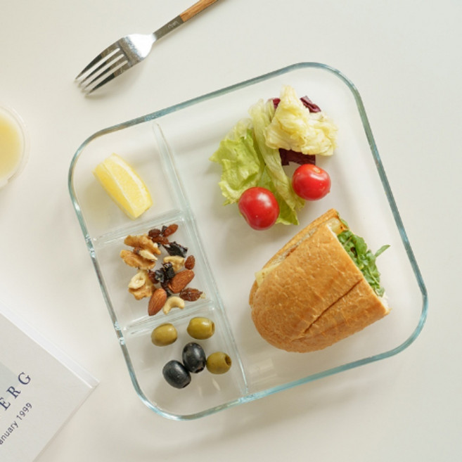 유리 식판 투명 4칸 나눔 접시 내열 도시락 분리 트레이, 1개, 소