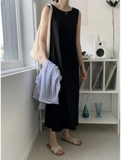 여름옷 심플 루즈핏 민소매 나시 롱스커트 스타일 면 린넨 무릎까지 오는 원피스 여