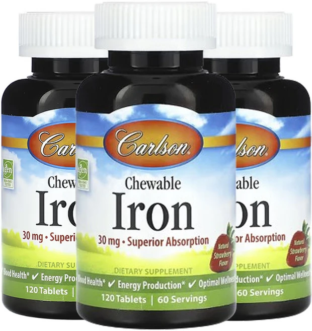 칼슨 츄어블 철분 딸기 맛 30mg 1정당 15mg, 3팩, 120정 - 쿠팡