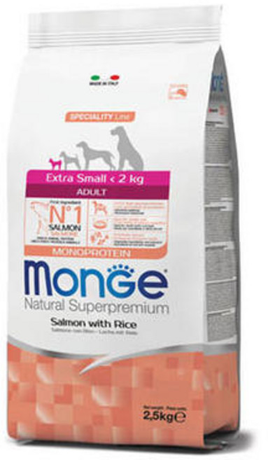 [DOG]몬지 내추럴 슈퍼프리미엄 엑스트라스몰 어덜트 연어와 쌀 2.5kg / 12개월 이상의 반려견, 1개, 연어+쌀
