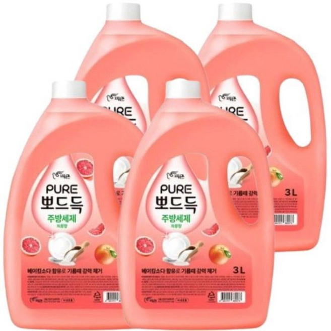 피죤 퓨어 뽀드득 주방세제 자몽향 용기 3L x 4개, 750ml