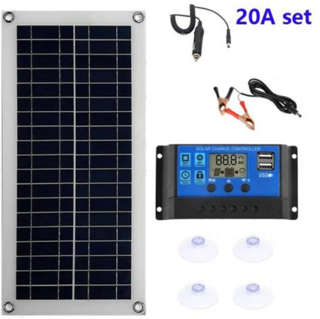 컨트롤러 포함 휴대용 태양 전지 패널 키트 USB 충전 인터페이스 태양 전지판 휴대폰 RV 자동차용 방수 300W 12V, with 20A Controller, 6) with 20A Controller