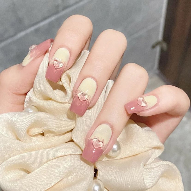 手工光療美甲成品 水晶小桃心穿戴甲 可拆卸假指甲貼片, 1個, 水晶小桃心-中方形-亮面-豆沙M