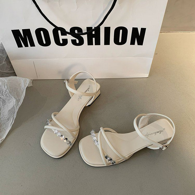 MOCSHION 法式粗跟涼鞋女 夏季時尚水鉆一字帶羅馬鞋, 1個, 米色40