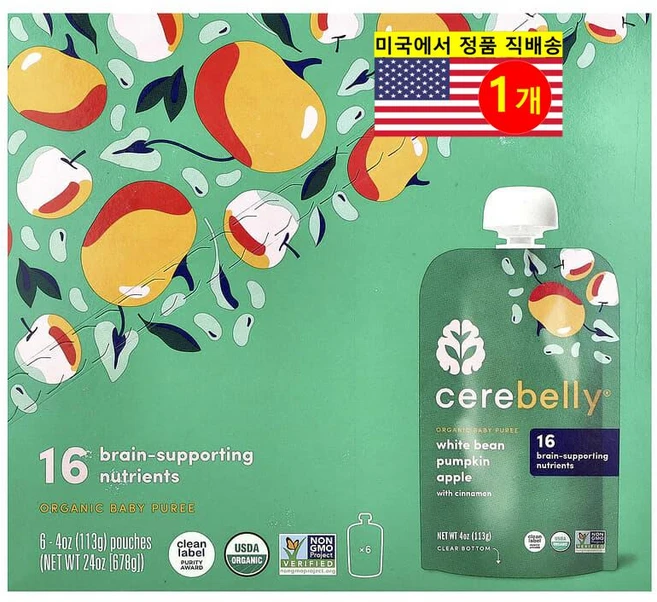 Cerebelly 유아용 두뇌 지원 영양 오가닉 과일 곡물 퓨레 이유식 파우치 6개입 113g 1개, 흰콩 호박 계피 사과 - 쿠팡