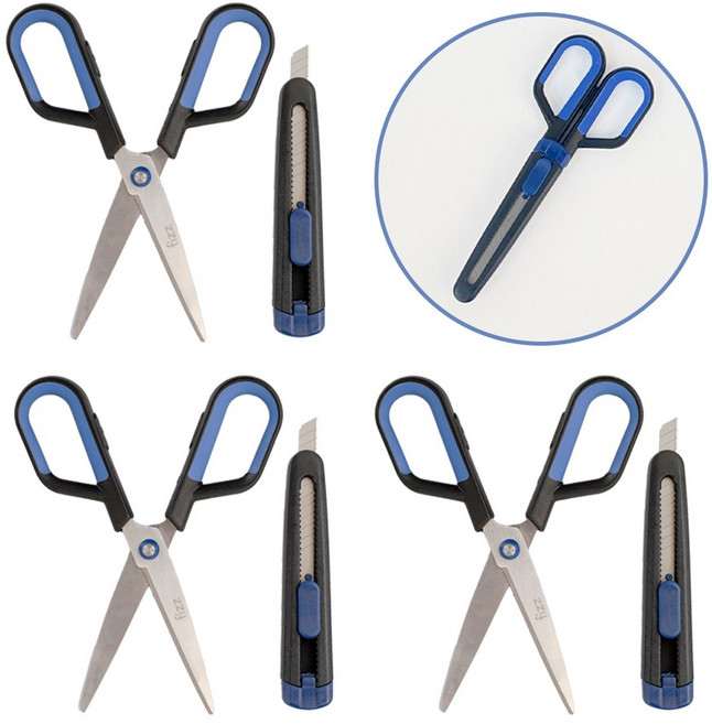 듀얼 일체형 택배칼 커터 가위 언박싱 칼 가위 가위보관 3개세트, 1세트, 블루
