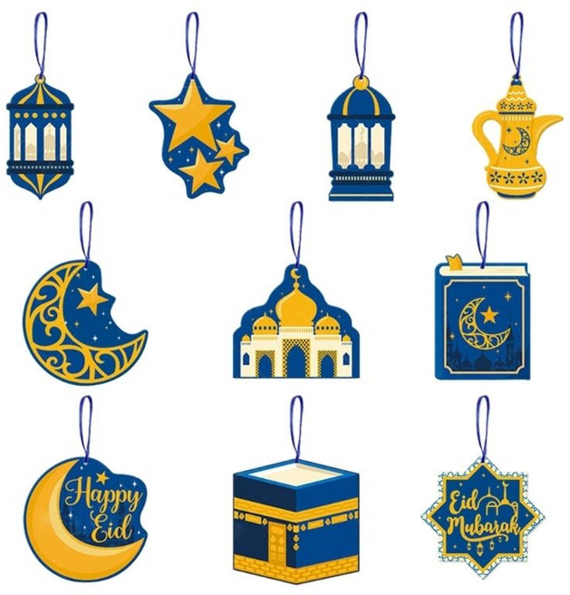 2024년 가정용 이슬람 무슬림 장식과 호환되는 10Pc 라마단 종이 걸이형 펜던트 문스타즈 EID 무바락 장식품, Blue
