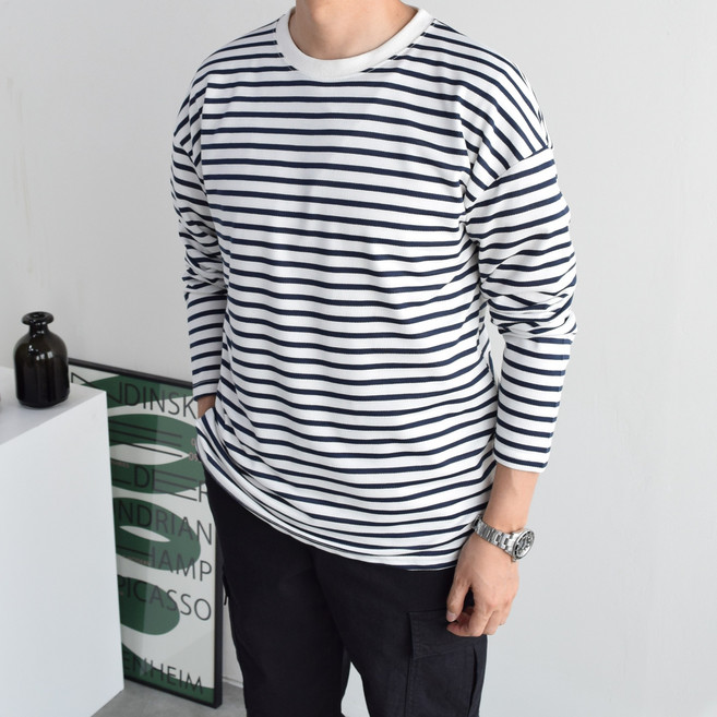 1+1 남녀공용 베이직 세인트 단가라 라운드 긴팔티셔츠