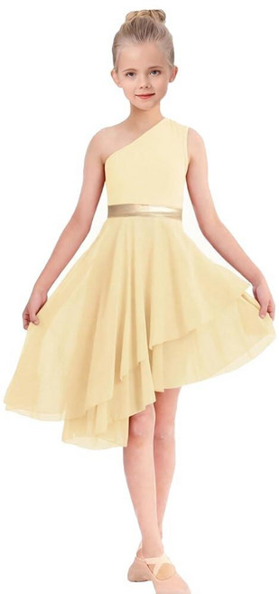 ORIDOOR Oblique Shoulder Praise Dance Costume for Girls Metal Irregular Worship Ceremony Lyrical, 9~10세, 02-champagne