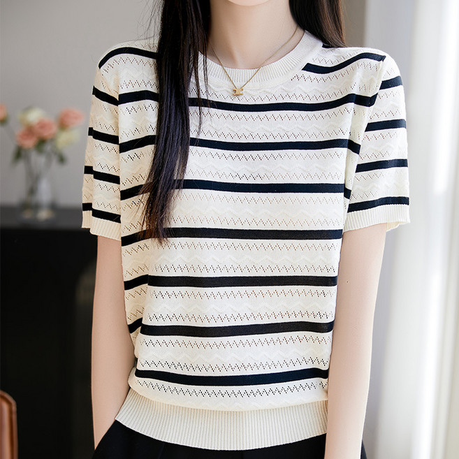MIREA 여성 반팔 니트 라운드넥 스트라이프 배색 데일리 여름 DTX12