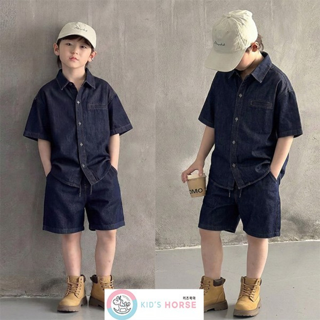 키즈목마 남아용 초중생 데님 반팔 셔츠 허리 밴딩 반바지 상하세트 주니어 인디고 데님 투피스세트 906
