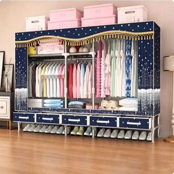 簡易布衣櫃 組合式衣櫥 附抽屜 加固鋼管 承重佳, 威廉古堡200*45*172+5個抽屜,管徑25MM