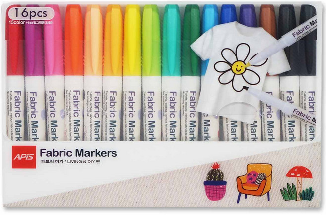 아피스 안지워지는 패브릭마카 세트 섬유/의류용 티셔츠 에코백 신발 리폼용, 1개, 16색