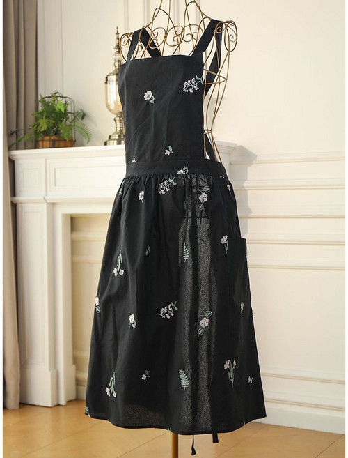 여성 주방용 민소매 앞치마 여성용 플로럴 프린트 방수 앞치마 부드러운 공주풍 빈티지 홈웨어 LT, 1개, 블랙